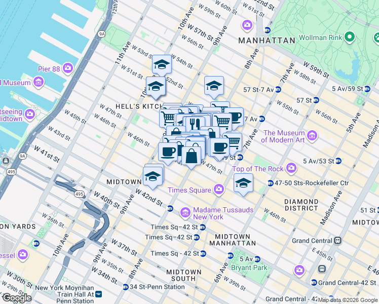 map of restaurants, bars, coffee shops, grocery stores, and more near 311 West 47th Street in New York