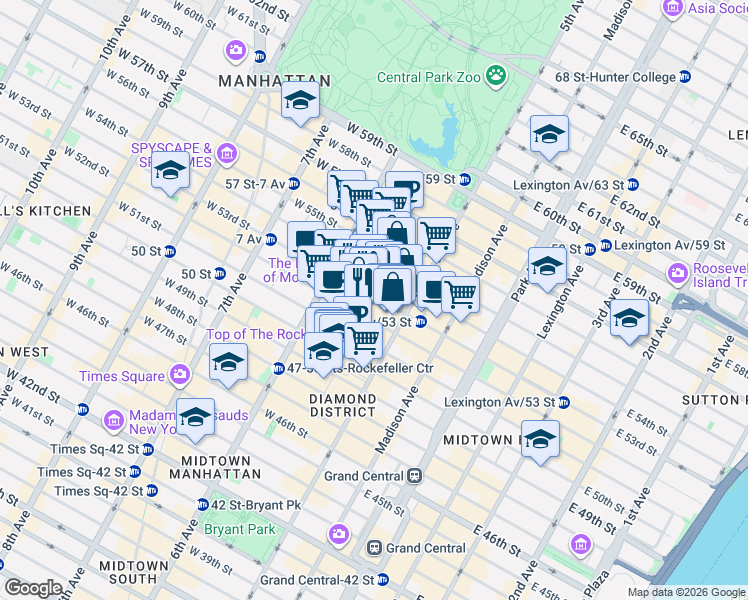 map of restaurants, bars, coffee shops, grocery stores, and more near 11 West 53rd Street in New York