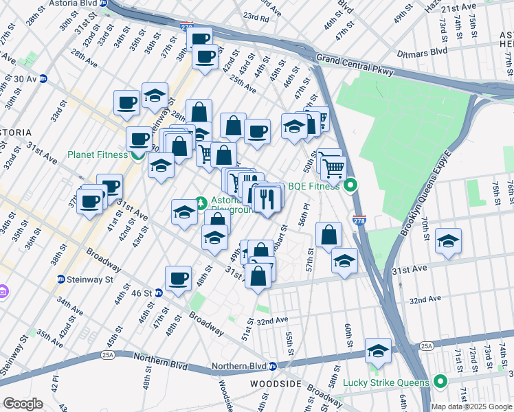 map of restaurants, bars, coffee shops, grocery stores, and more near 48-11 30th Avenue in Queens