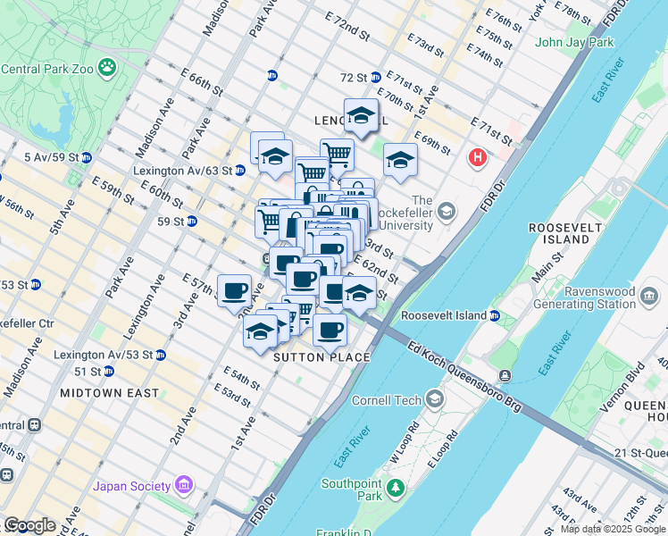 map of restaurants, bars, coffee shops, grocery stores, and more near 1st Avenue & E 61st St in New York