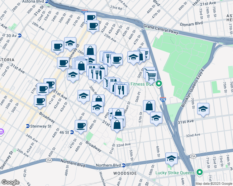 map of restaurants, bars, coffee shops, grocery stores, and more near 48-11 30th Avenue in Queens
