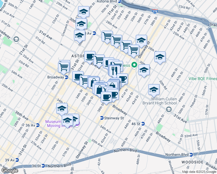 map of restaurants, bars, coffee shops, grocery stores, and more near 31-41 37th Street in Queens