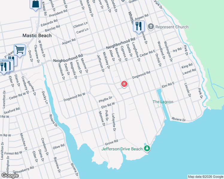 map of restaurants, bars, coffee shops, grocery stores, and more near 129 Jefferson Drive in Mastic Beach