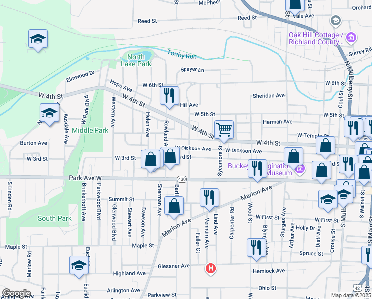 map of restaurants, bars, coffee shops, grocery stores, and more near 73 Penn Avenue in Mansfield