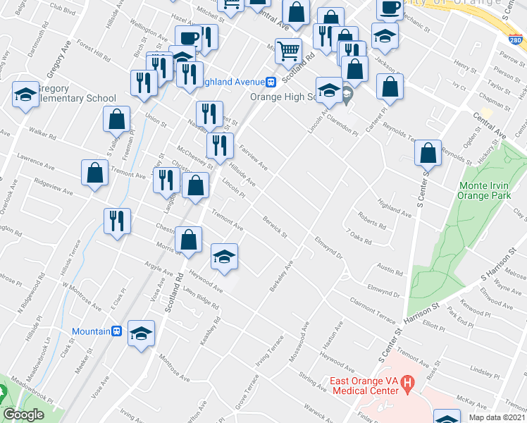 map of restaurants, bars, coffee shops, grocery stores, and more near 425 Berwick Street in City of Orange