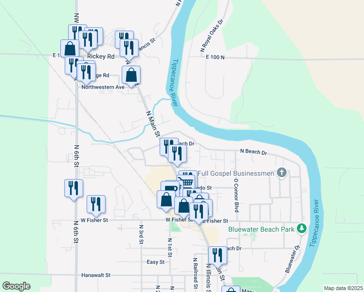map of restaurants, bars, coffee shops, grocery stores, and more near 100-186 North Beach Drive in Monticello