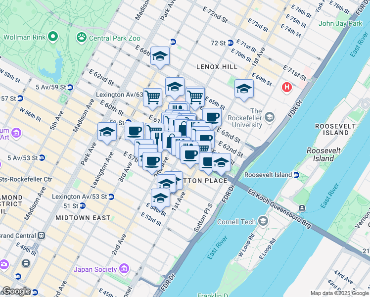 map of restaurants, bars, coffee shops, grocery stores, and more near 361 East 60th Street in New York