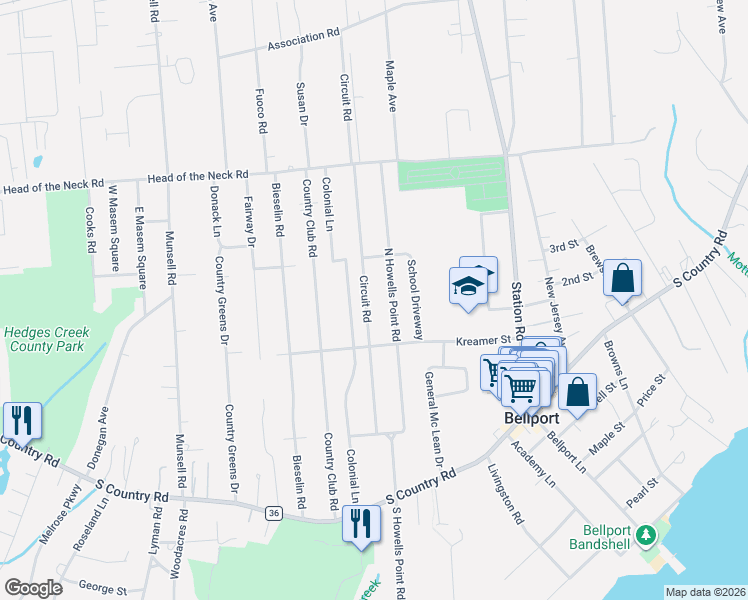 map of restaurants, bars, coffee shops, grocery stores, and more near 42 Circuit Road in Bellport