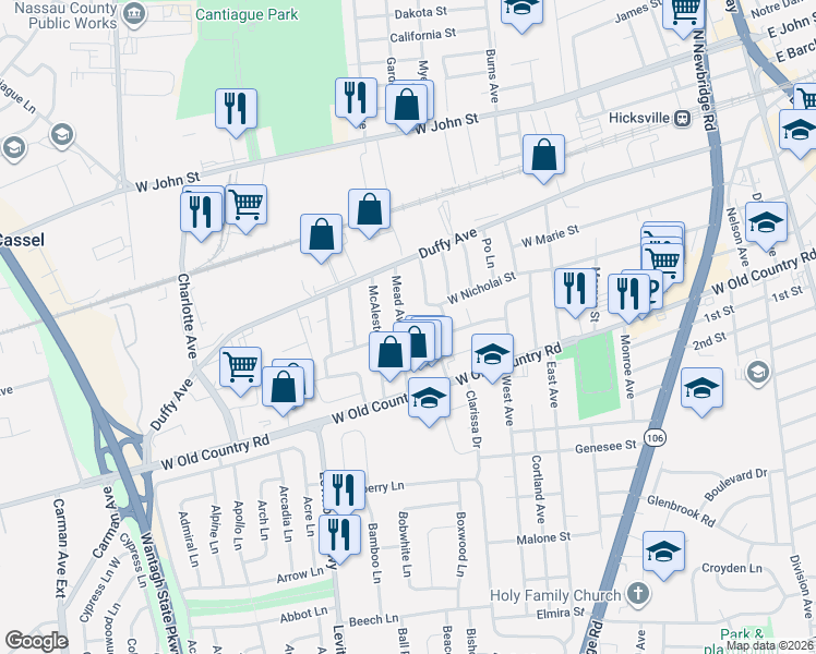 map of restaurants, bars, coffee shops, grocery stores, and more near 4 Bonnie Court in Hicksville