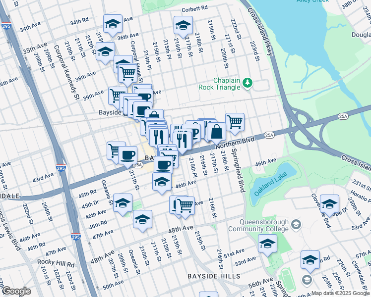map of restaurants, bars, coffee shops, grocery stores, and more near 43-36 215th Place in Queens