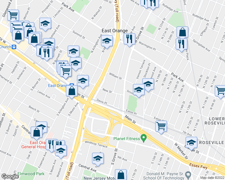 map of restaurants, bars, coffee shops, grocery stores, and more near 98 North Maple Avenue in East Orange