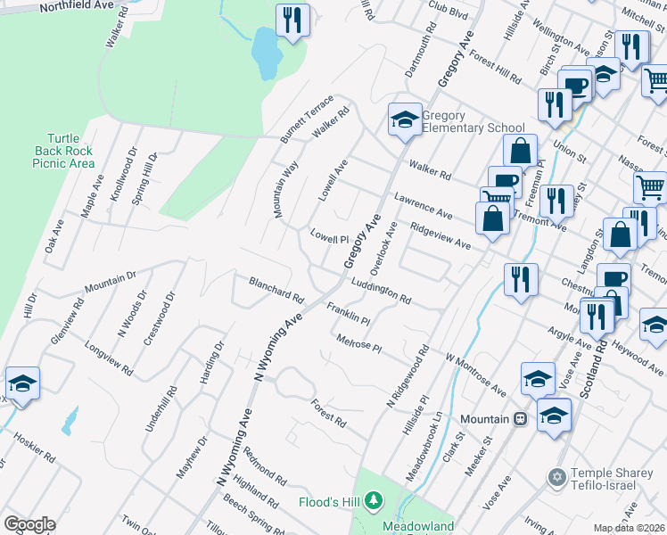 map of restaurants, bars, coffee shops, grocery stores, and more near 61 Luddington Road in West Orange