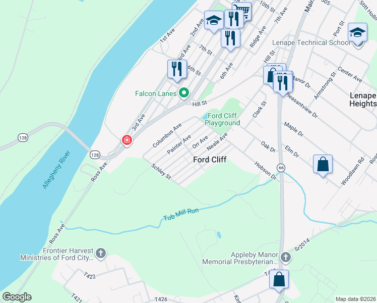 map of restaurants, bars, coffee shops, grocery stores, and more near 705 Orr Avenue in Ford Cliff