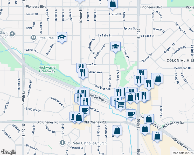map of restaurants, bars, coffee shops, grocery stores, and more near 5230 South 50th Street in Lincoln