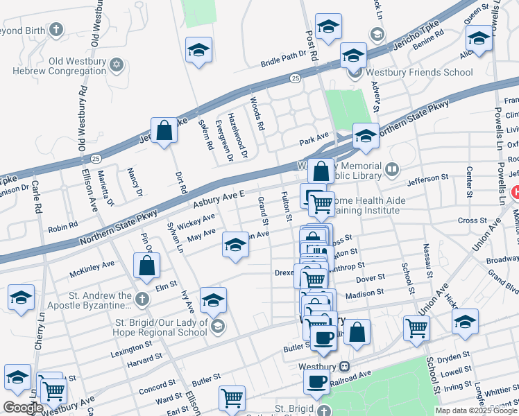map of restaurants, bars, coffee shops, grocery stores, and more near 1347 Grand Street in Westbury