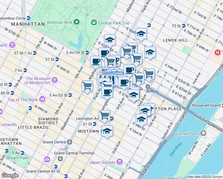 map of restaurants, bars, coffee shops, grocery stores, and more near 445 Park Avenue in New York