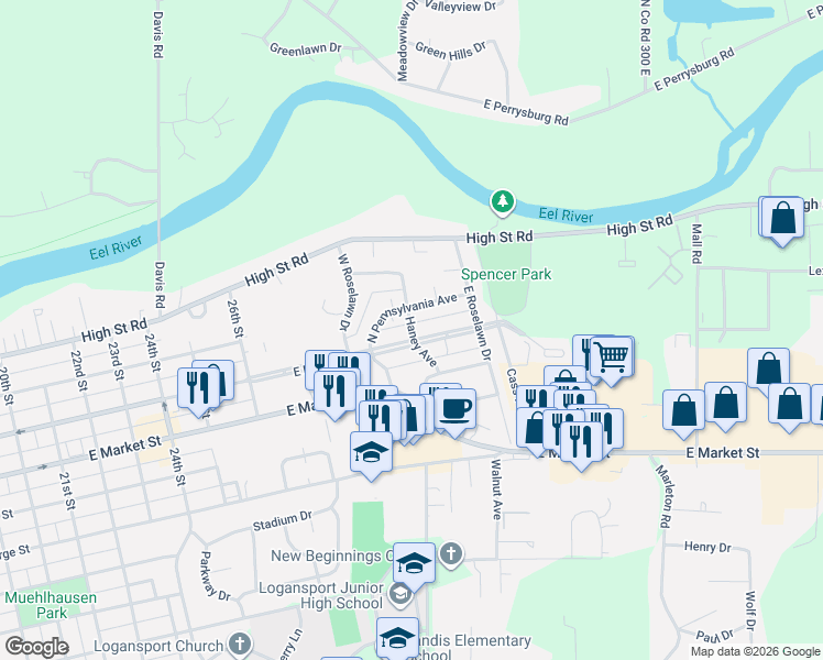 map of restaurants, bars, coffee shops, grocery stores, and more near 226 Haney Ave in Logansport