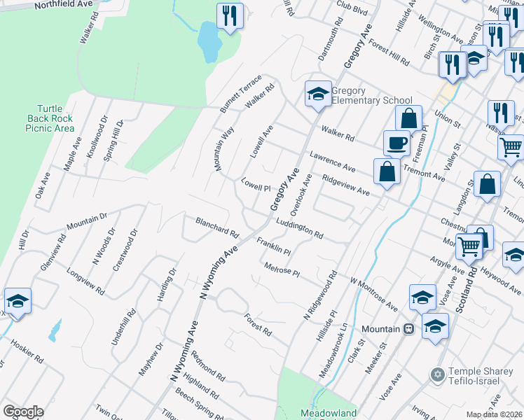 map of restaurants, bars, coffee shops, grocery stores, and more near 61 Luddington Road in West Orange