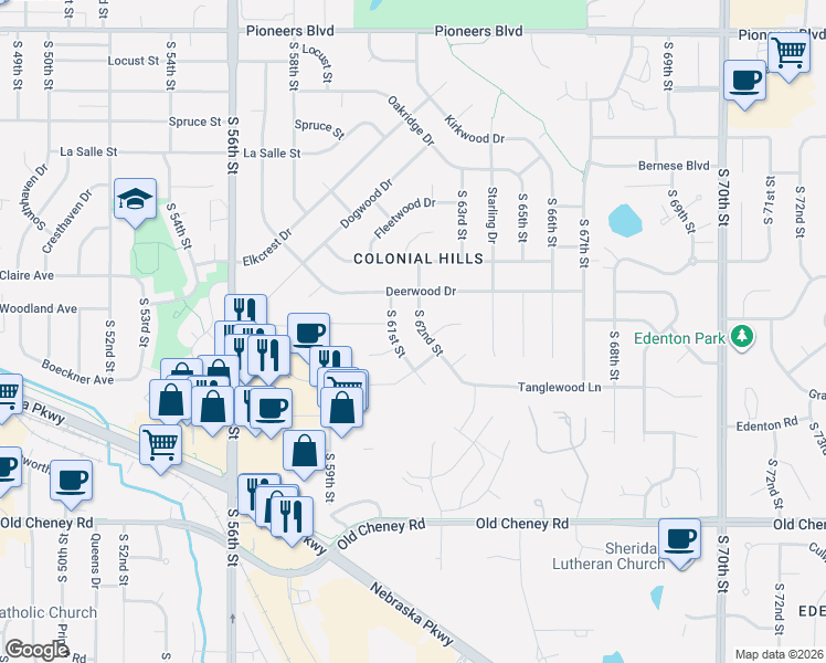 map of restaurants, bars, coffee shops, grocery stores, and more near 5309 South 62nd Street in Lincoln