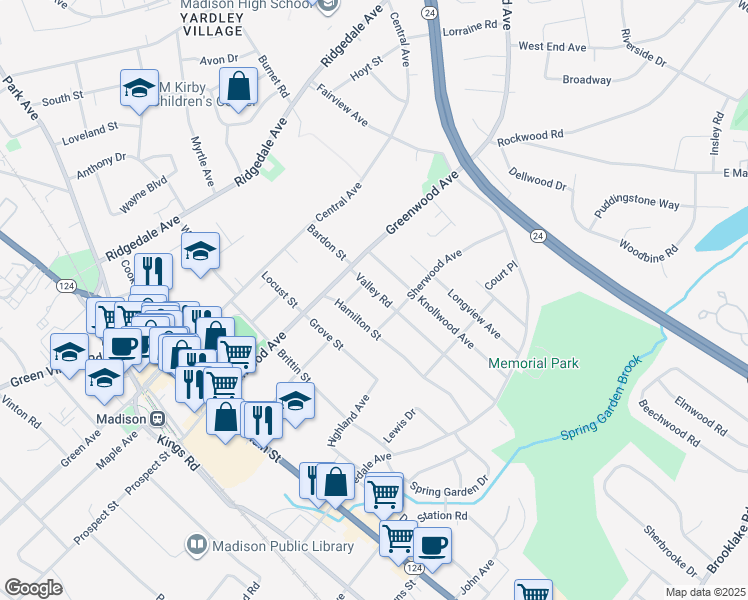 map of restaurants, bars, coffee shops, grocery stores, and more near 15 Valley Road in Madison