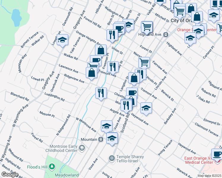 map of restaurants, bars, coffee shops, grocery stores, and more near 662 Valley Street in City of Orange
