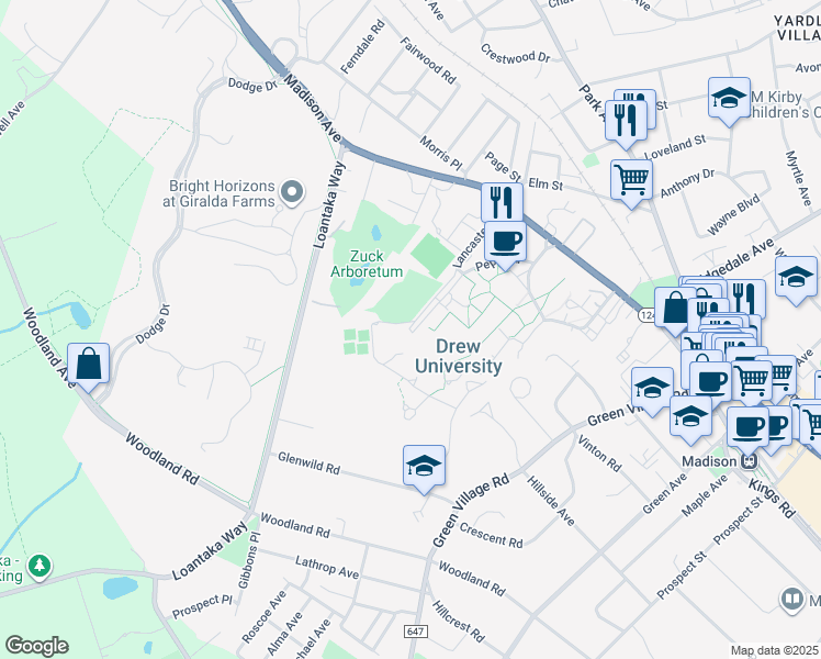 map of restaurants, bars, coffee shops, grocery stores, and more near 36 Madison Avenue in Madison