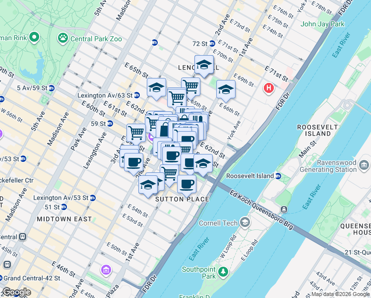 map of restaurants, bars, coffee shops, grocery stores, and more near 330 East 61st Street in New York