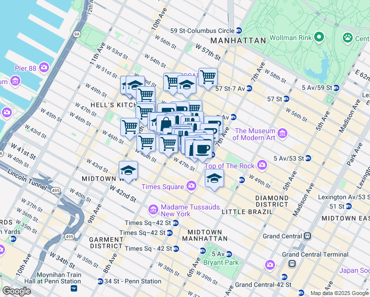 map of restaurants, bars, coffee shops, grocery stores, and more near 227 West 48th Street in New York