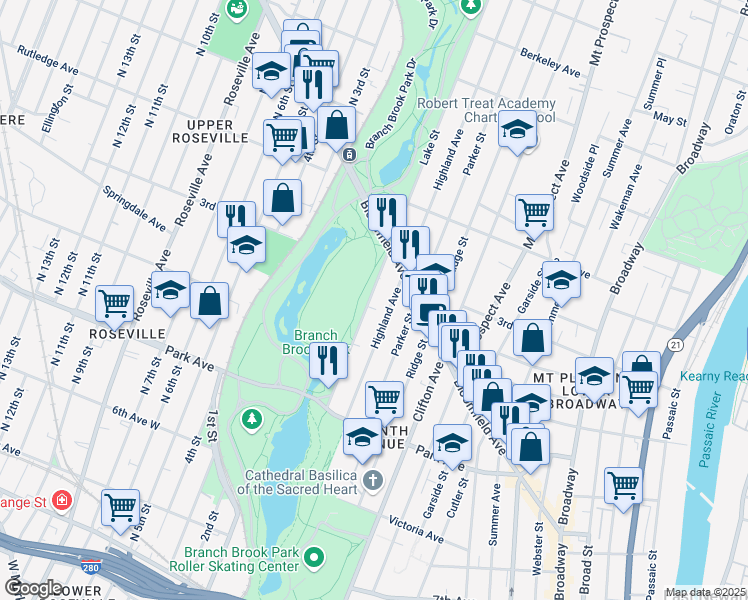 map of restaurants, bars, coffee shops, grocery stores, and more near 297 Lake Street in Newark