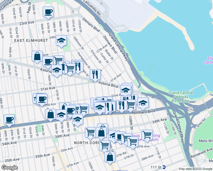 map of restaurants, bars, coffee shops, grocery stores, and more near 10428 Astoria Boulevard in Queens