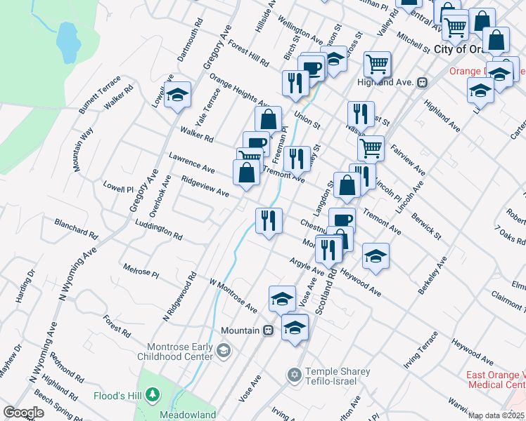 map of restaurants, bars, coffee shops, grocery stores, and more near 24 Meeker Street in West Orange