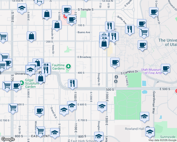 map of restaurants, bars, coffee shops, grocery stores, and more near 1203 East 400 South in Salt Lake City