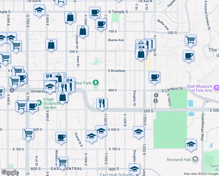 map of restaurants, bars, coffee shops, grocery stores, and more near 1103 East 400 South in Salt Lake City