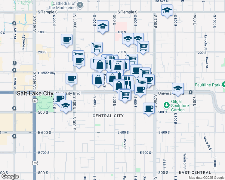 map of restaurants, bars, coffee shops, grocery stores, and more near 455 East 400 South in Salt Lake City