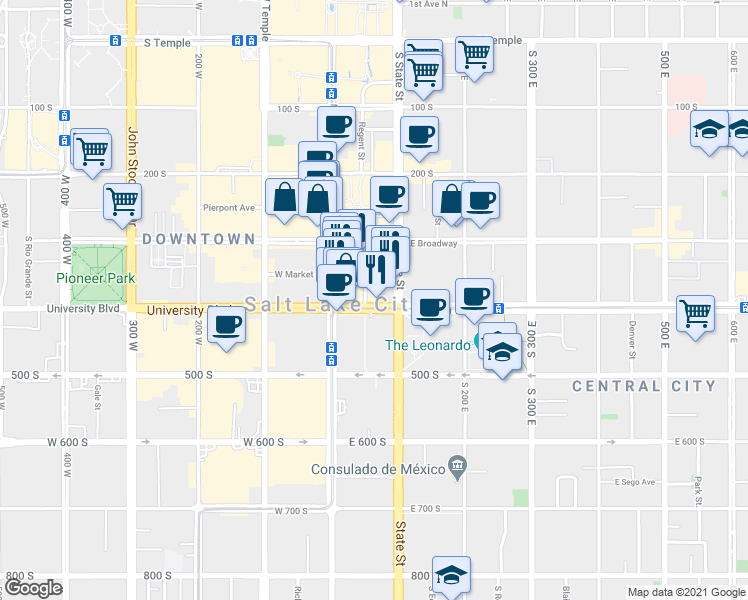 map of restaurants, bars, coffee shops, grocery stores, and more near 381 Cactus Street in Salt Lake City