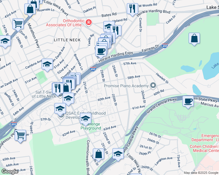 map of restaurants, bars, coffee shops, grocery stores, and more near 58-21 255th Street in Queens