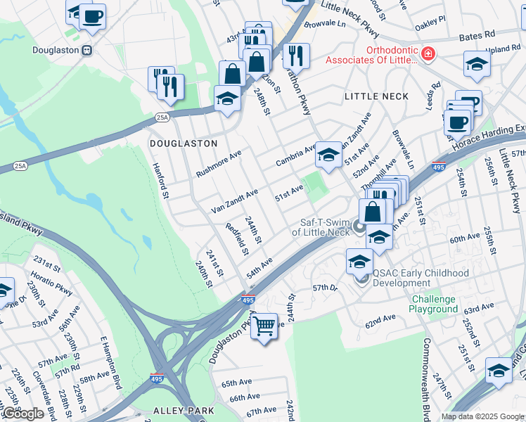 map of restaurants, bars, coffee shops, grocery stores, and more near 50-29 245th Street in Queens