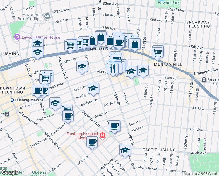 map of restaurants, bars, coffee shops, grocery stores, and more near 147-31 Barclay Avenue in Queens