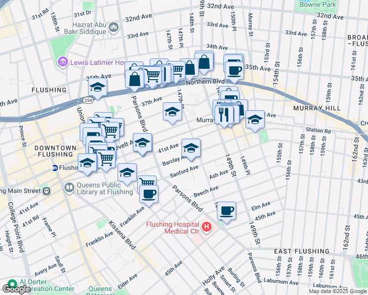 map of restaurants, bars, coffee shops, grocery stores, and more near 144-62 41st Avenue in Queens