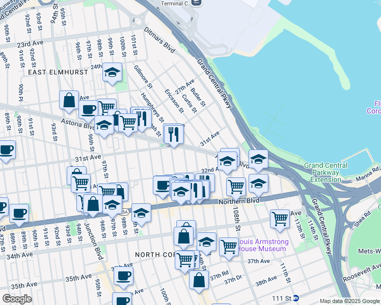 map of restaurants, bars, coffee shops, grocery stores, and more near 10428 Astoria Boulevard in Queens