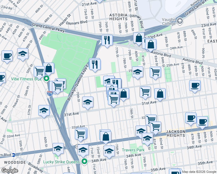 map of restaurants, bars, coffee shops, grocery stores, and more near 25-47 75th Street in Queens