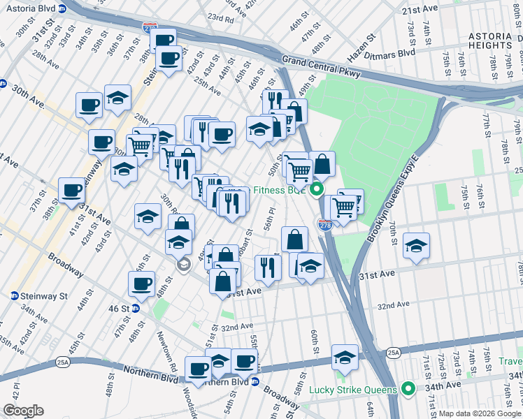map of restaurants, bars, coffee shops, grocery stores, and more near 28-12 56th Place in Queens