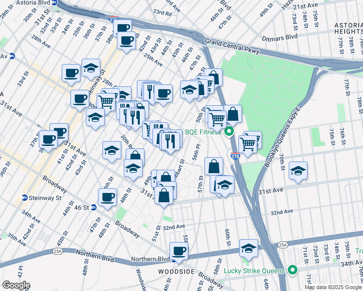 map of restaurants, bars, coffee shops, grocery stores, and more near 28-28 50th Street in Queens