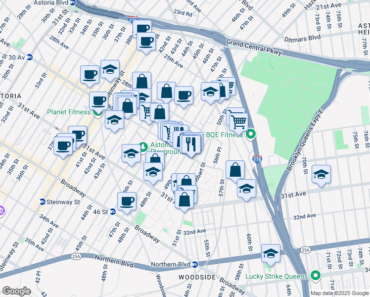 map of restaurants, bars, coffee shops, grocery stores, and more near 48-11 30th Avenue in Queens