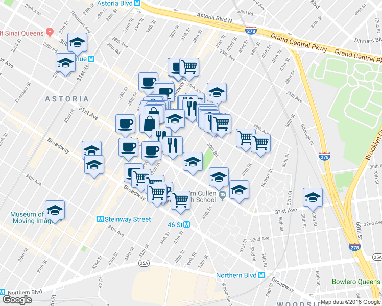 map of restaurants, bars, coffee shops, grocery stores, and more near 30-49 44th Street in Queens