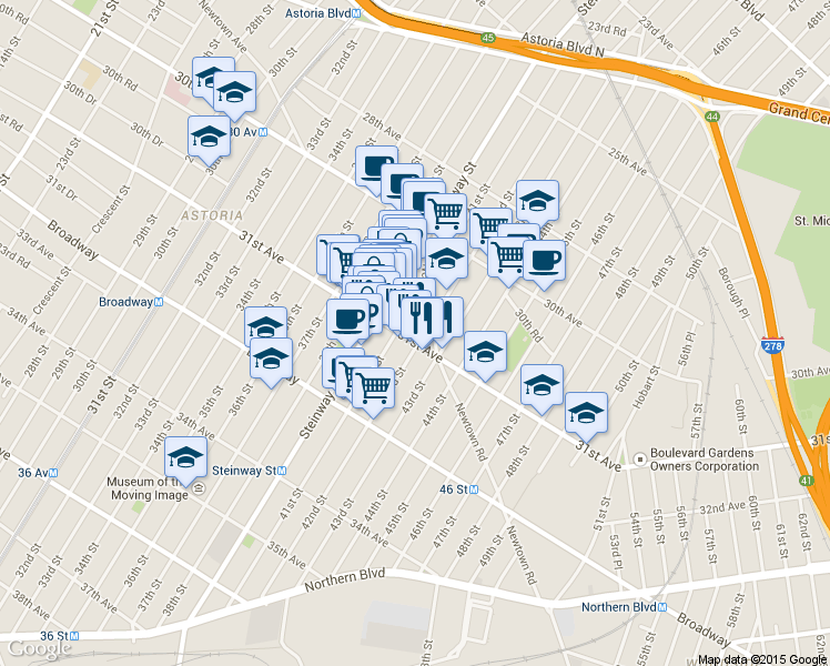map of restaurants, bars, coffee shops, grocery stores, and more near 30-92 42nd Street in Queens