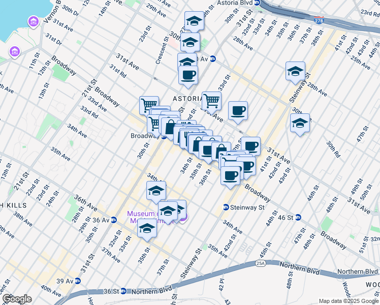 map of restaurants, bars, coffee shops, grocery stores, and more near 3403 Broadway in Queens