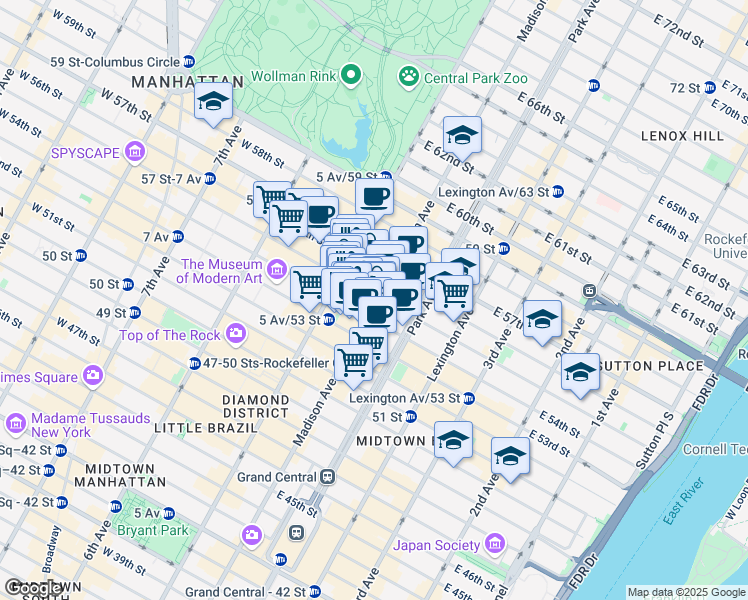 map of restaurants, bars, coffee shops, grocery stores, and more near 16 East 54th Street in New York