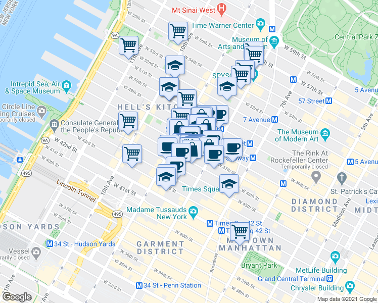 map of restaurants, bars, coffee shops, grocery stores, and more near 343 West 47th Street in New York