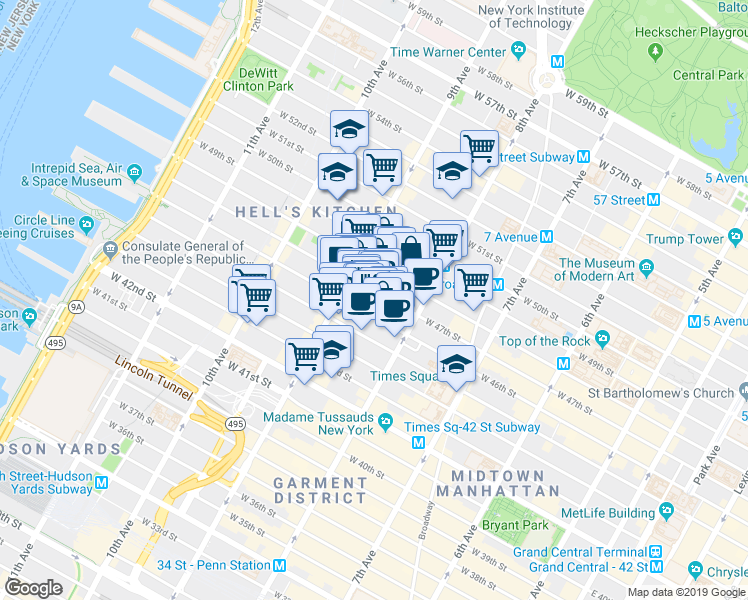 map of restaurants, bars, coffee shops, grocery stores, and more near 343 West 47th Street in New York